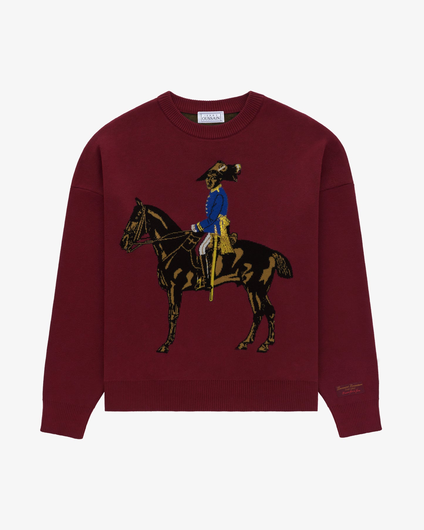 Front view of the Toussaint Sweater in burgundy featuring a jacquard-knit graphic of Toussaint Louverture on horseback